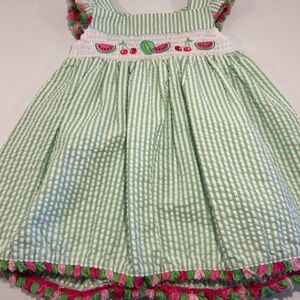 Goodlad Toddler Girl Dress 3T Green Seersucker Smocked Watermelon Cherry Tassel